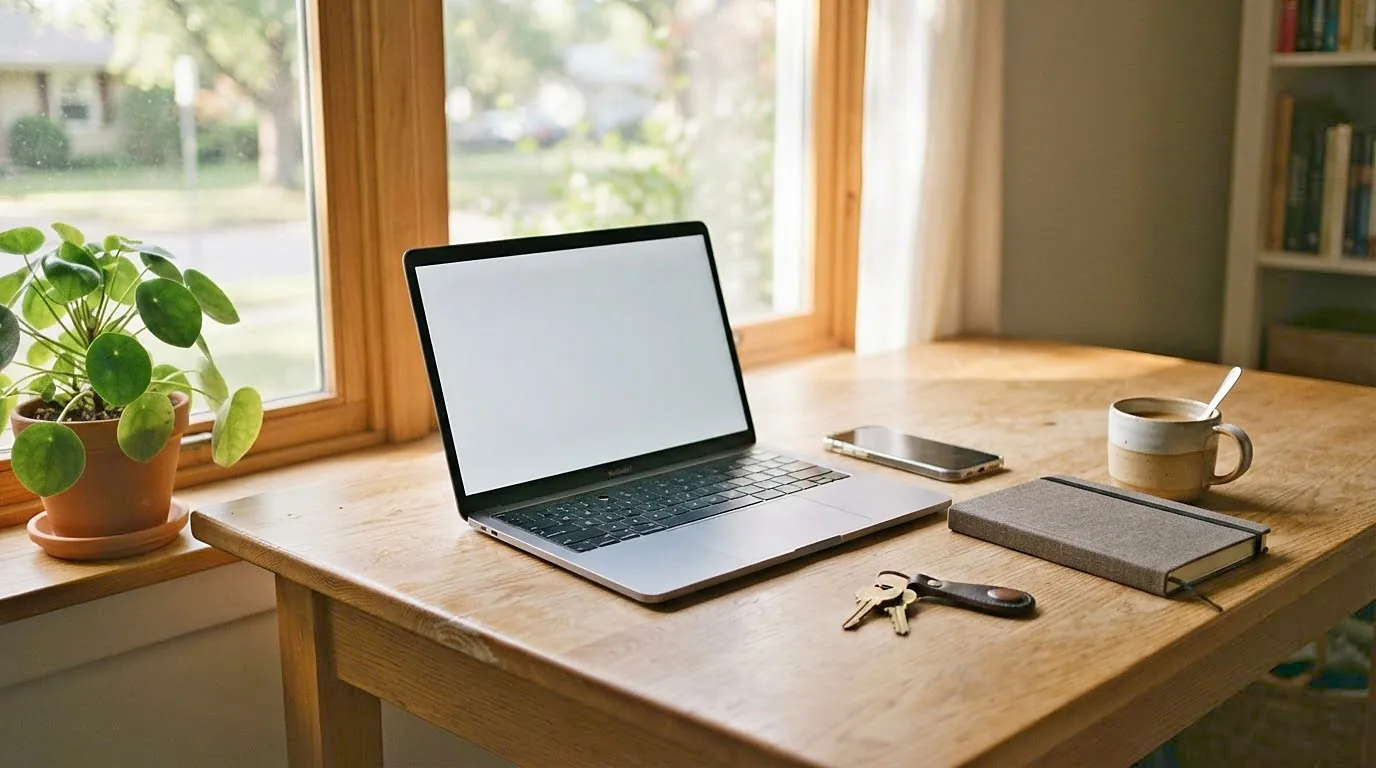 Home office desk with a laptop and keys by a sunny window