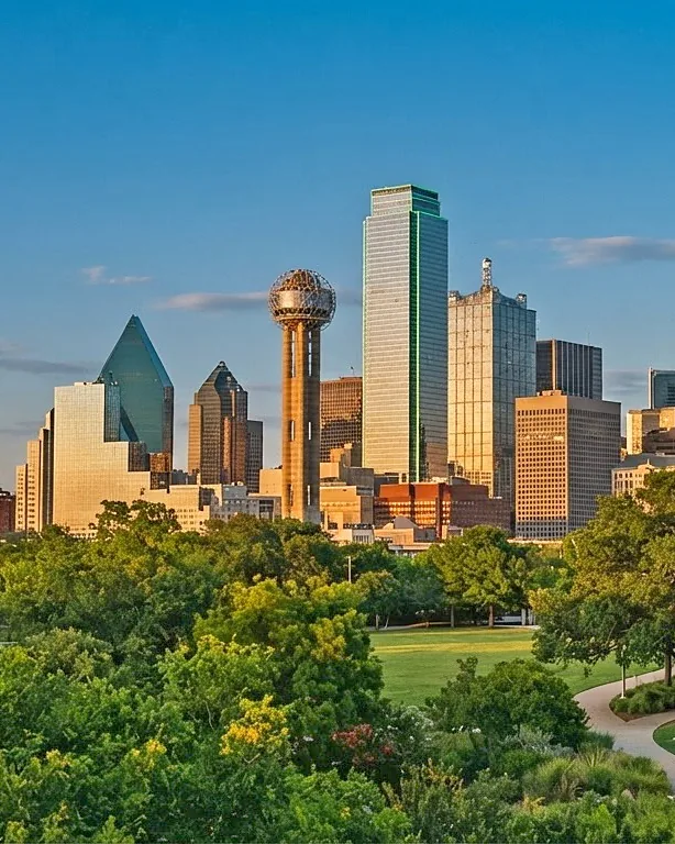 Dallas skyline at golden hour above a green park