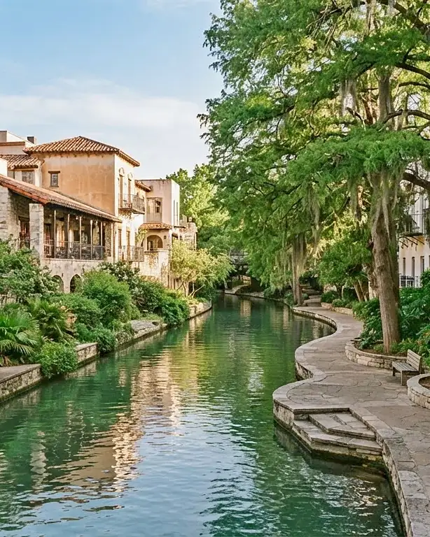 San Antonio River Walk lined with cypress trees