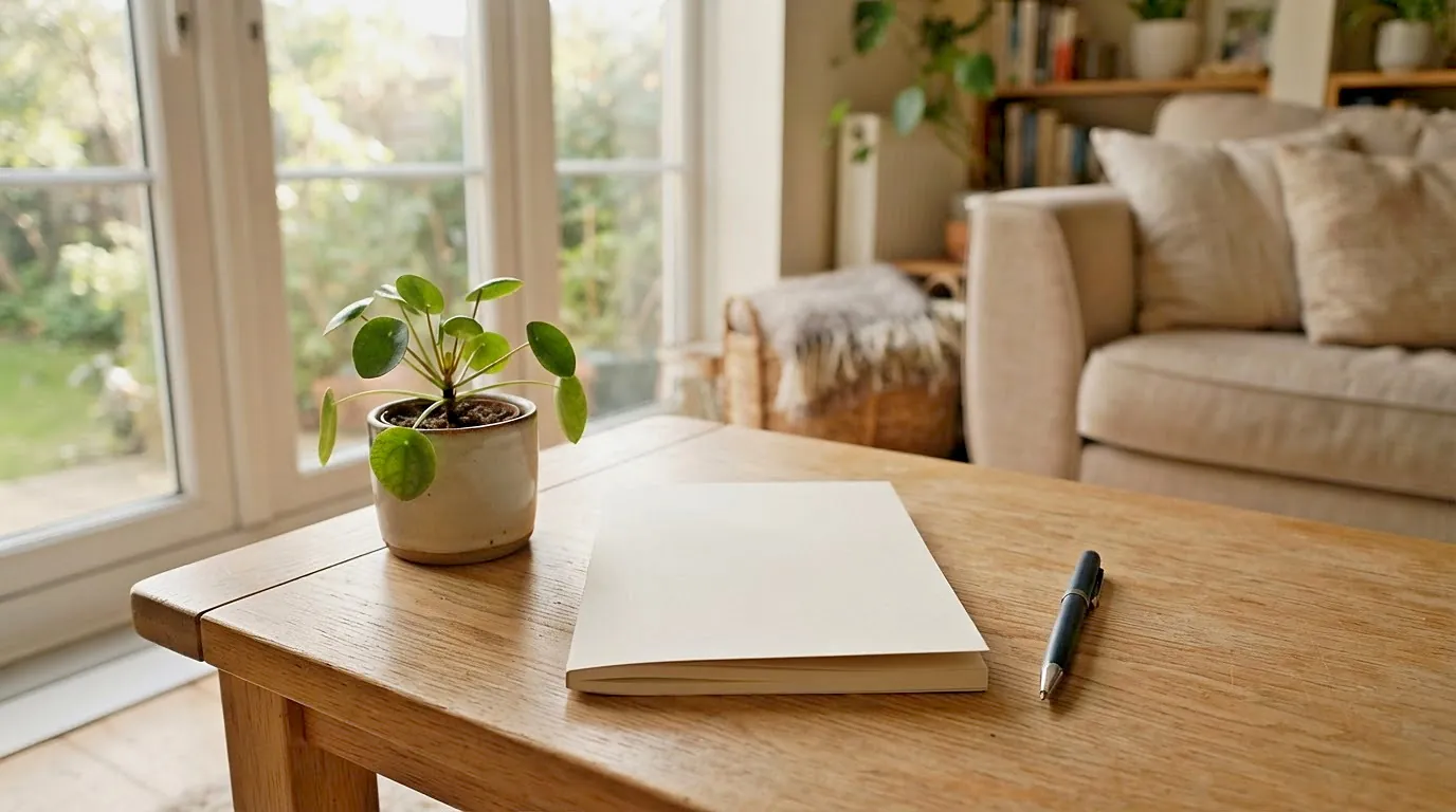 Printed booklet and a pen on an oak coffee table by a sunny window