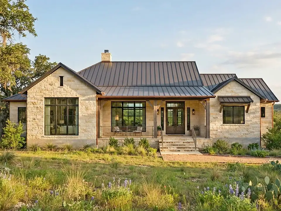 Limestone Hill Country home with a metal roof among live oak trees