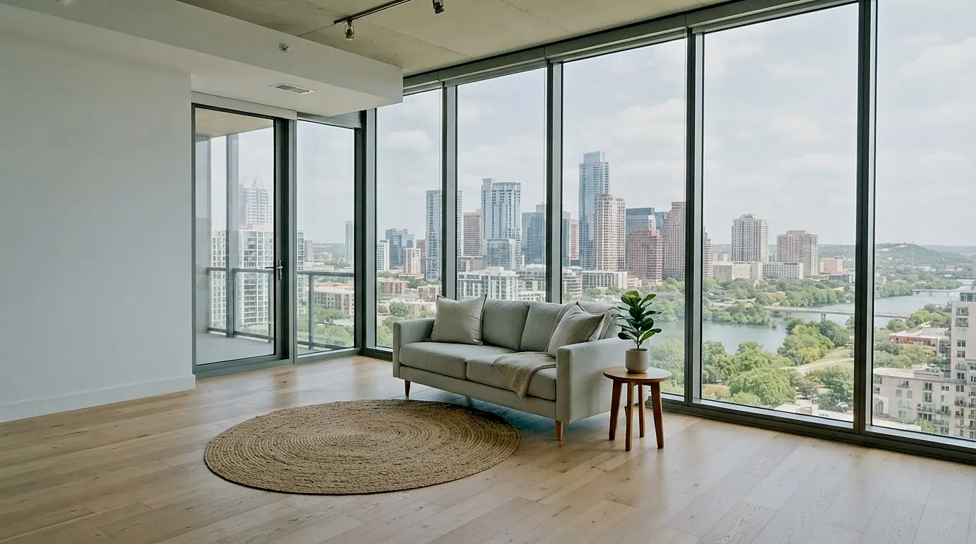 Sunny apartment living room with floor-to-ceiling windows overlooking downtown Austin