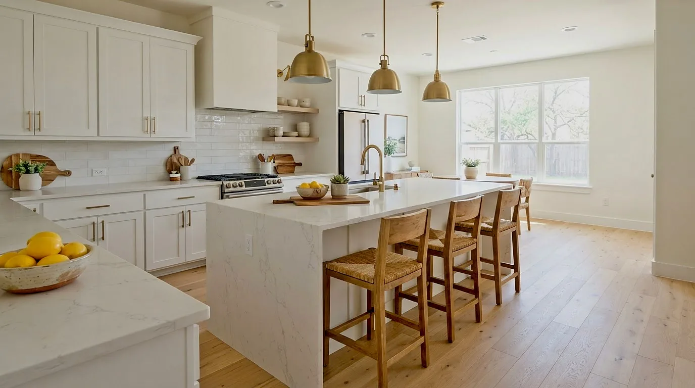 Bright staged kitchen with white cabinets and a quartz island