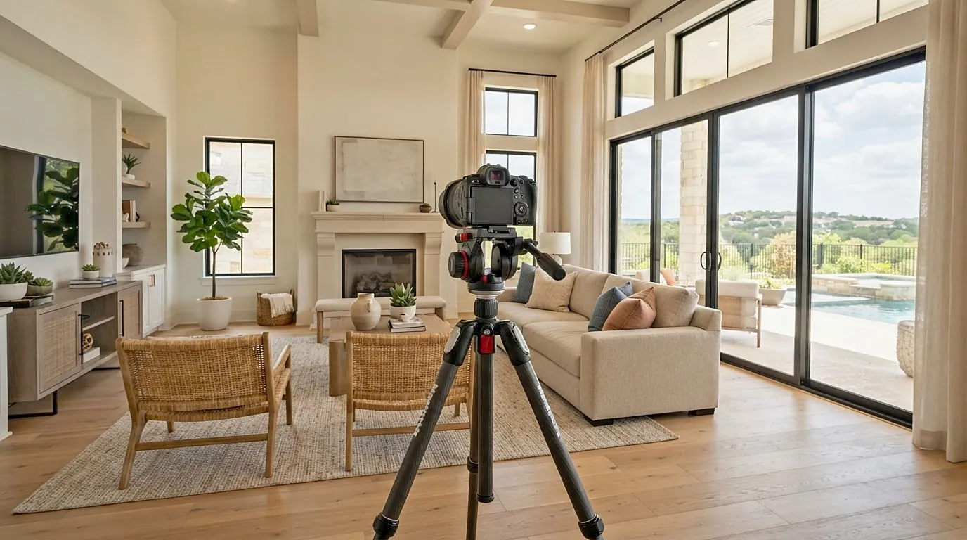 Camera on a tripod in a bright staged living room ready for listing photos