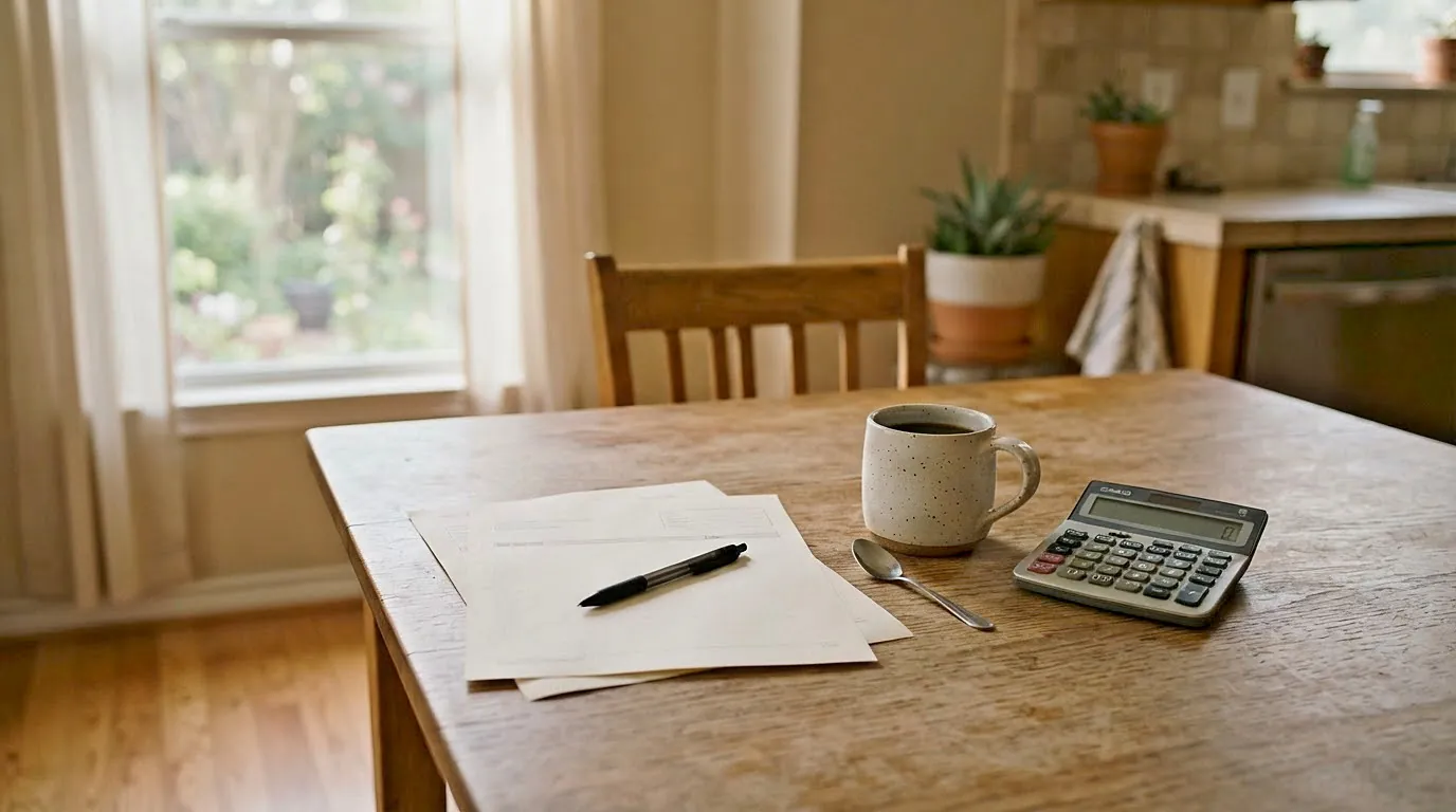 Kitchen table with loan papers, a calculator and a coffee mug in morning light