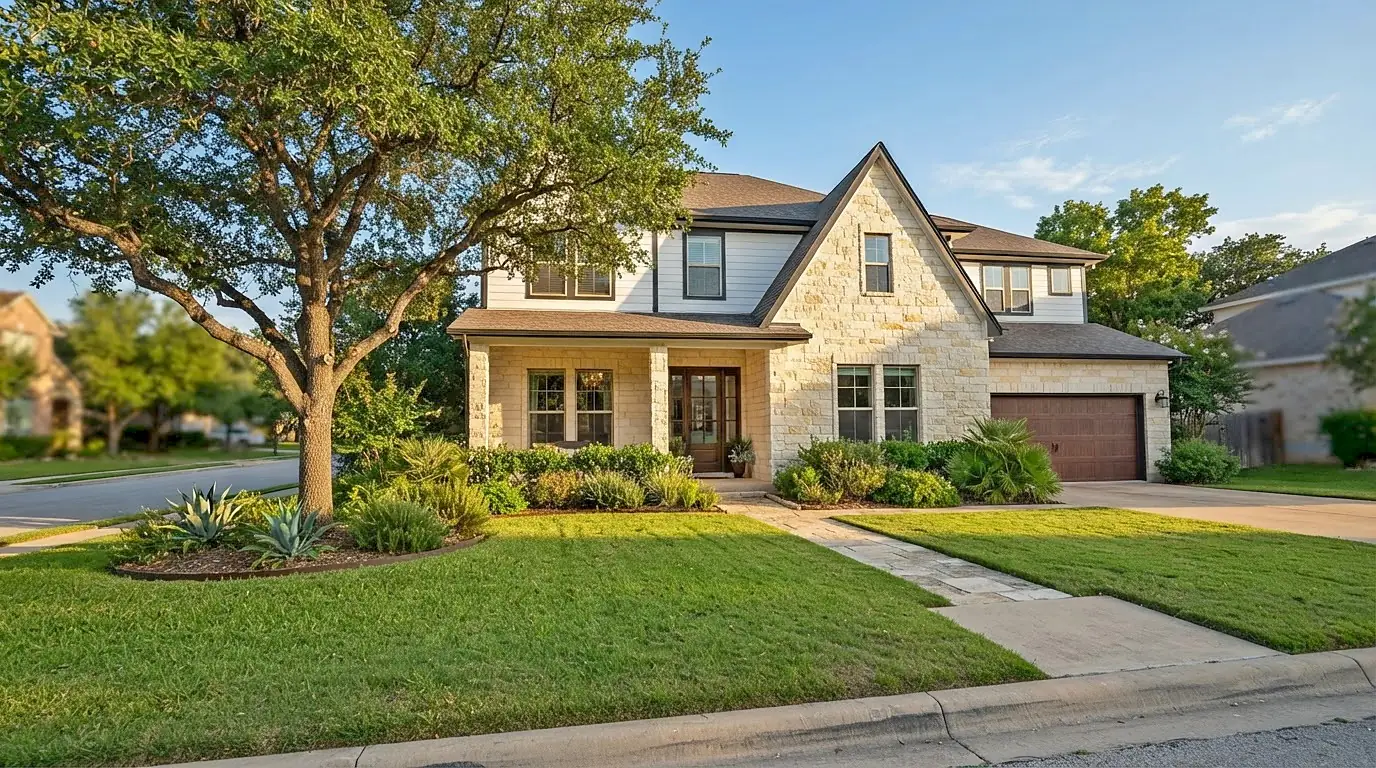 Two-story Austin home with limestone and white siding in late afternoon light